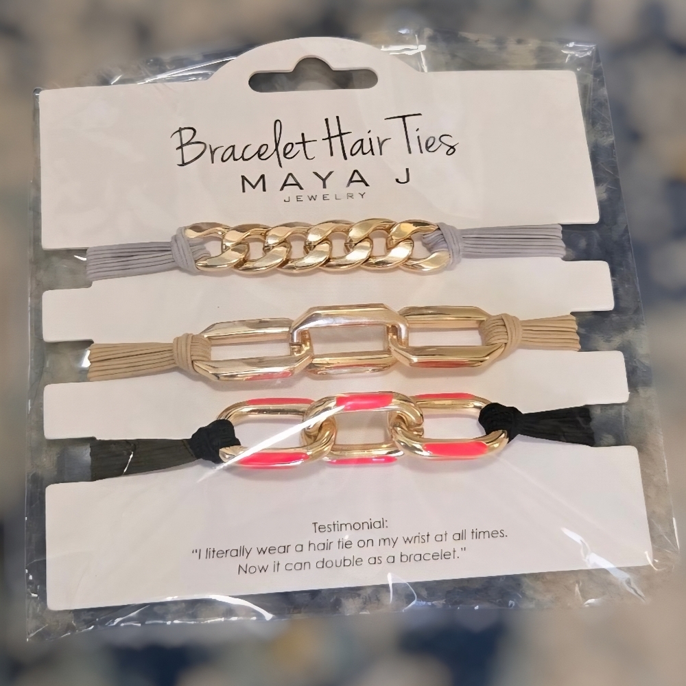 Maya J Bracelet Hair Ties Set Of 3 Gold Chain Link Gray Beige Black/Pink